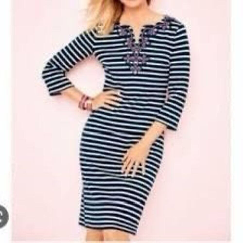 Talbots Women’s Size XS Nautical V Neck 3/4 Sleeve Embroidered Dress Striped
